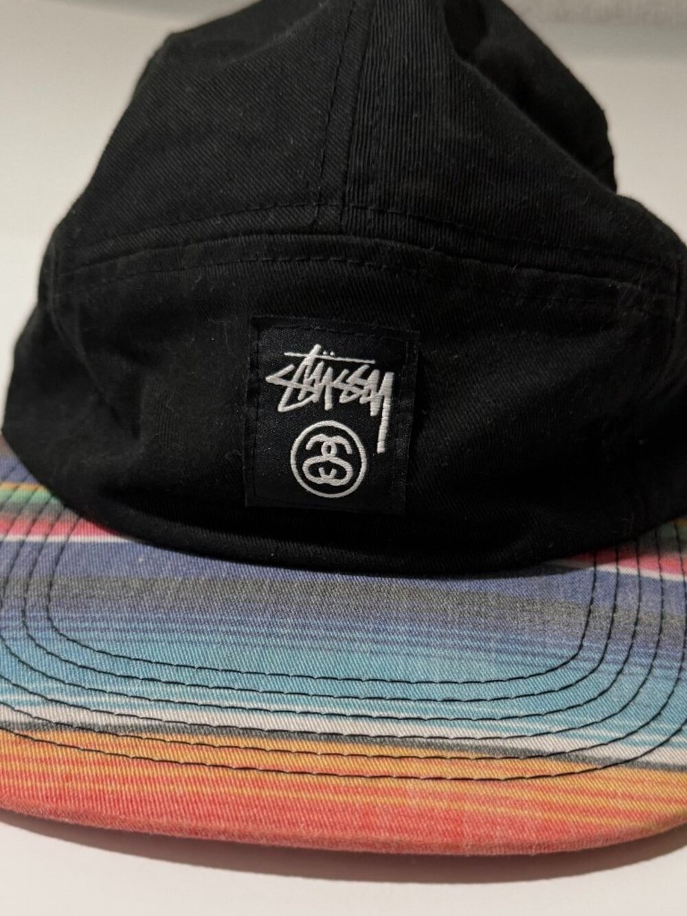 Stussy Strapback Hat Black Multicolor Stripe Brim Streetwear Cap